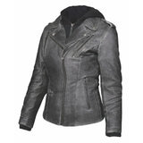 Women's grey genuine leather hooded motorcycle jacket front view by SOVR Leather