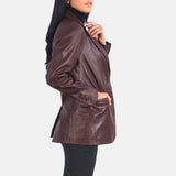 Back view of women's maroon genuine leather blazer