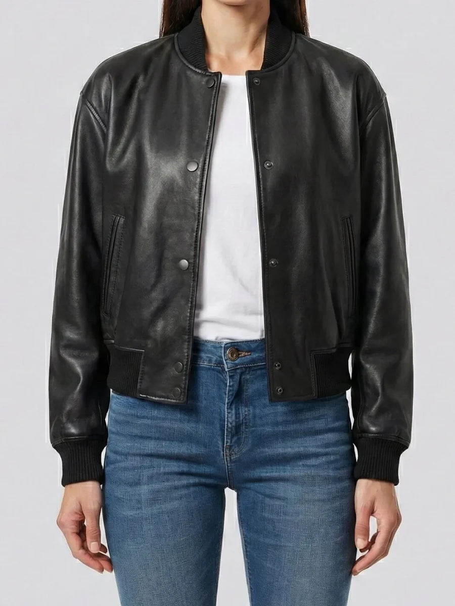 Women's Nova black cropped lambskin bomber jacket front view by SOVR Leather