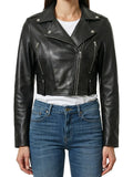 Women's Raven black cropped biker leather jacket front view by SOVR Leather