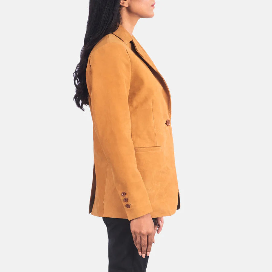Side profile of women's tailored tan corduroy blazer