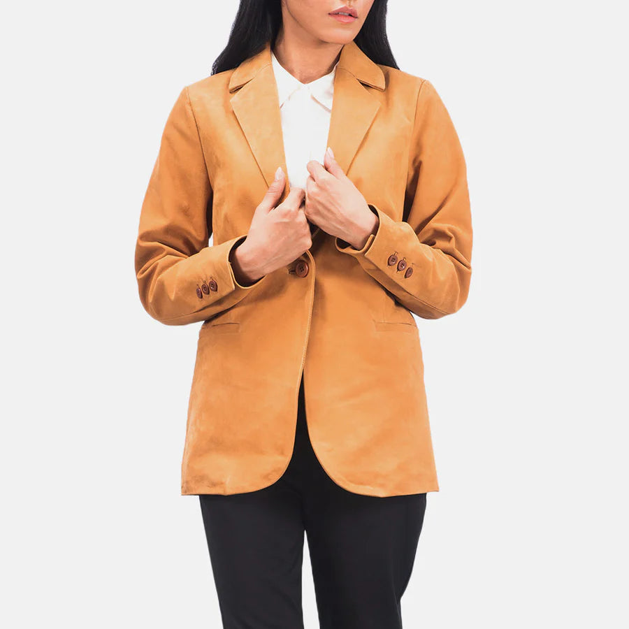 Women's tan cotton corduroy blazer front view by SOVR Leather