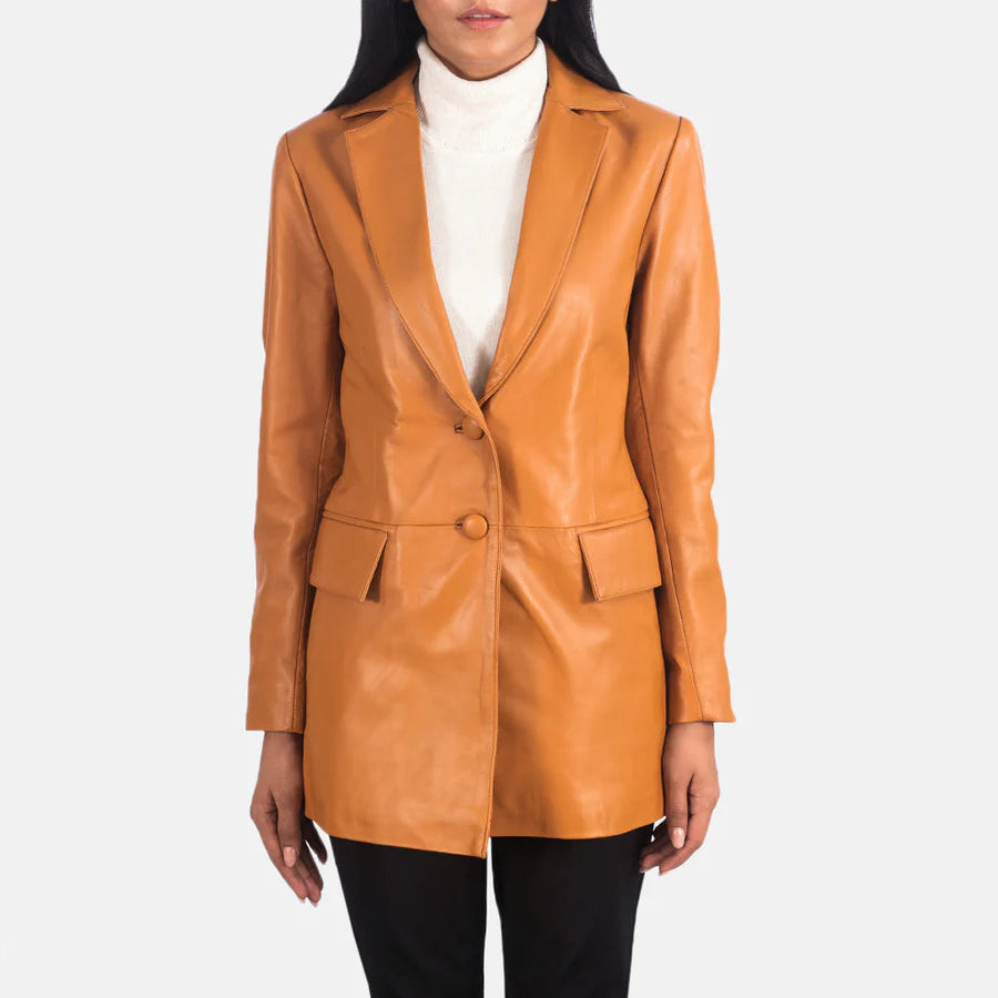 Women's tan genuine leather blazer front view by SOVR Leather