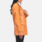 Side profile of women's tailored tan leather blazer