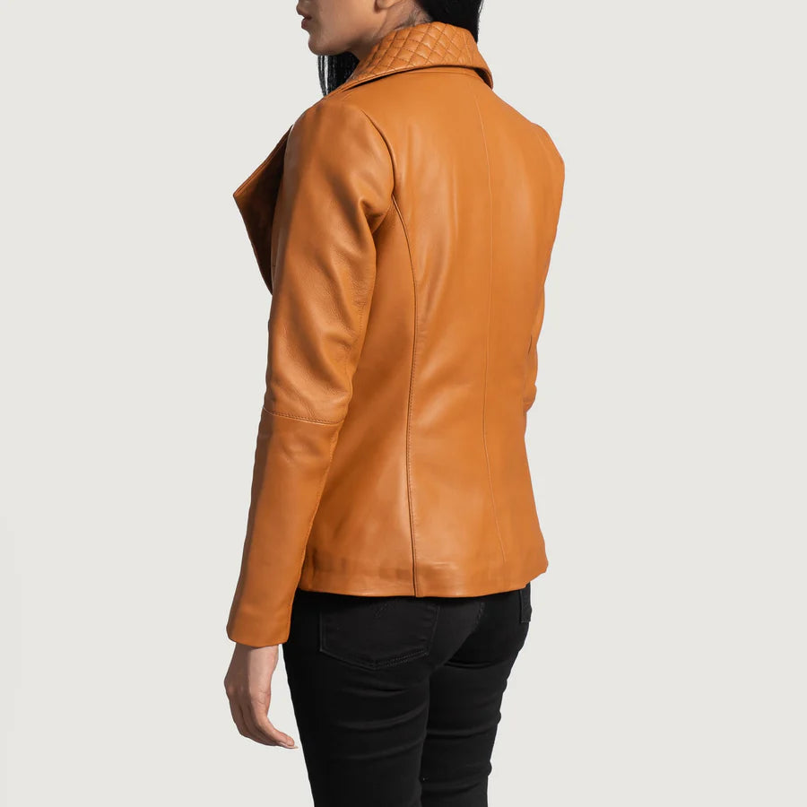 Back view of women's tan genuine leather blazer