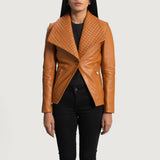 Women's tan genuine sheepskin leather blazer front view by SOVR Leather